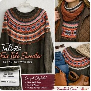 Talbots Olive Fair Isle Crewneck Sweater with Orange, Pink & Blue Accents